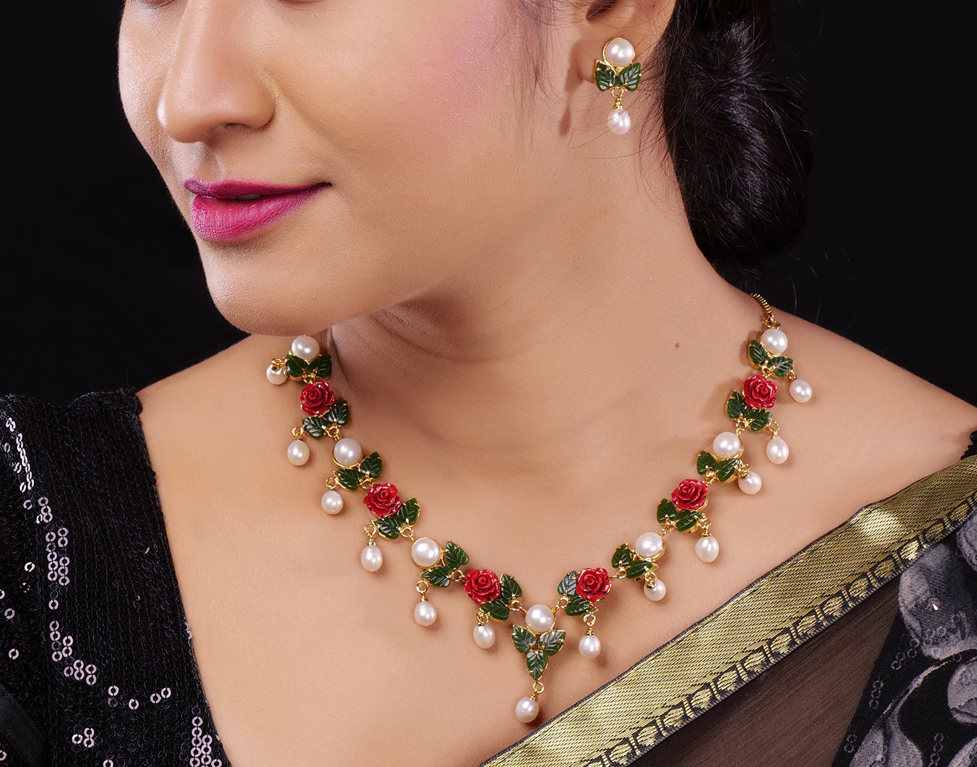 Ceramic Flower Necklace Set With Real Pearl Drops With Certificate(D.No ADPRLS860)