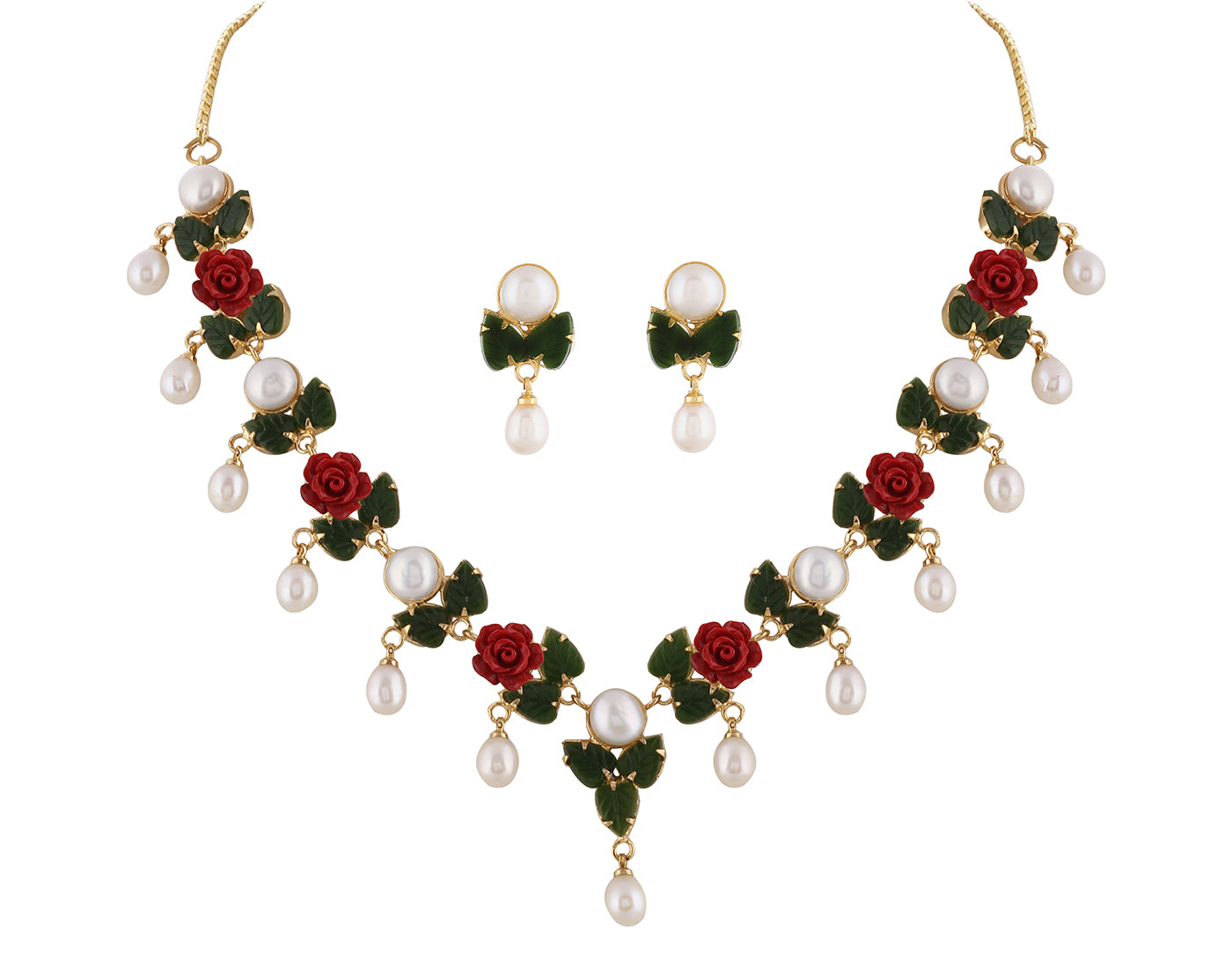 Ceramic Flower Necklace Set With Real Pearl Drops With Certificate(D.No ADPRLS860)