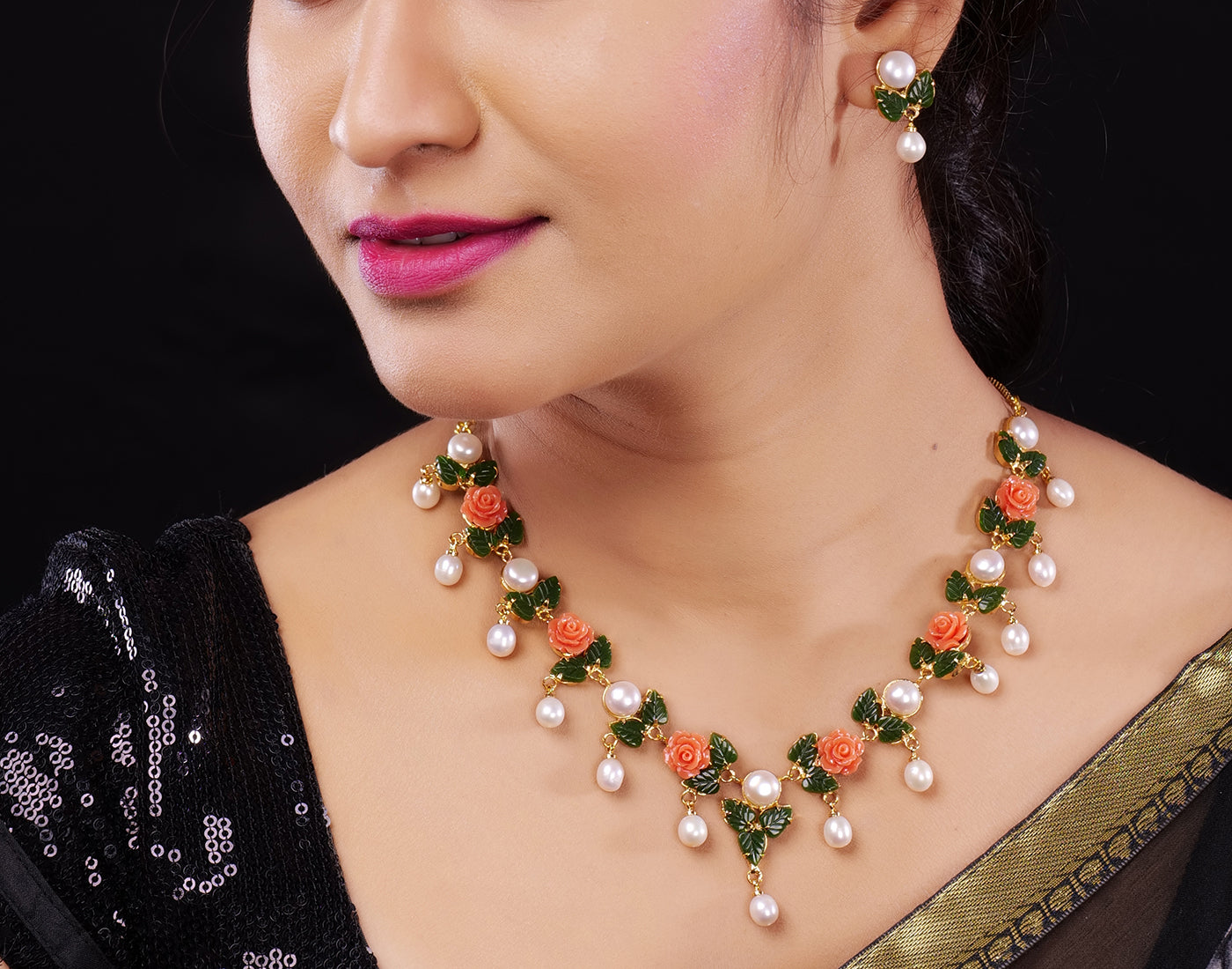 Ceramic Flower Necklace Set With Real Pearl Drops With Certificate(D.No ADPRLS861)