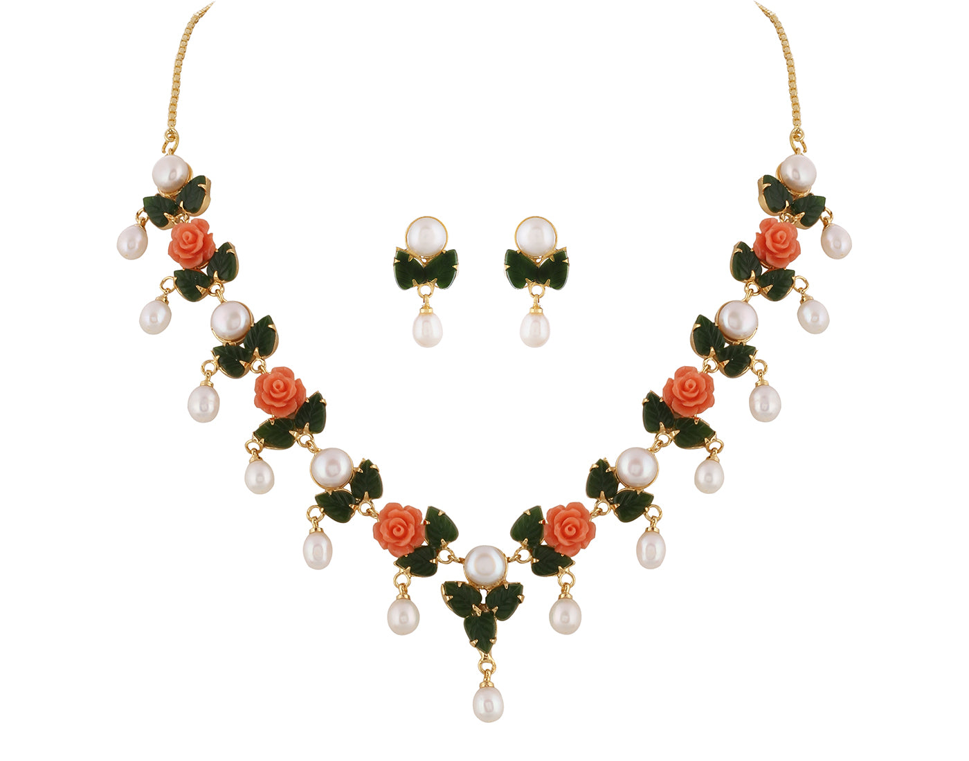 Ceramic Flower Necklace Set With Real Pearl Drops With Certificate(D.No ADPRLS861)