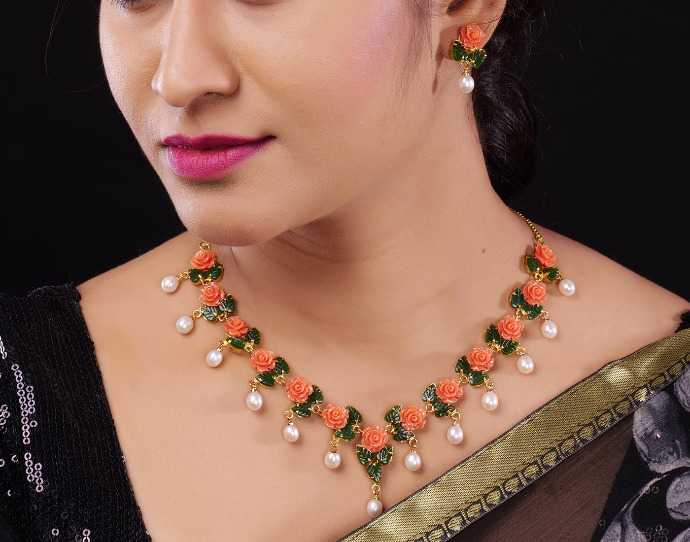 Ceramic Flower Necklace Set With Real Pearl Drops With Certificate(D.No ADPRLS862)