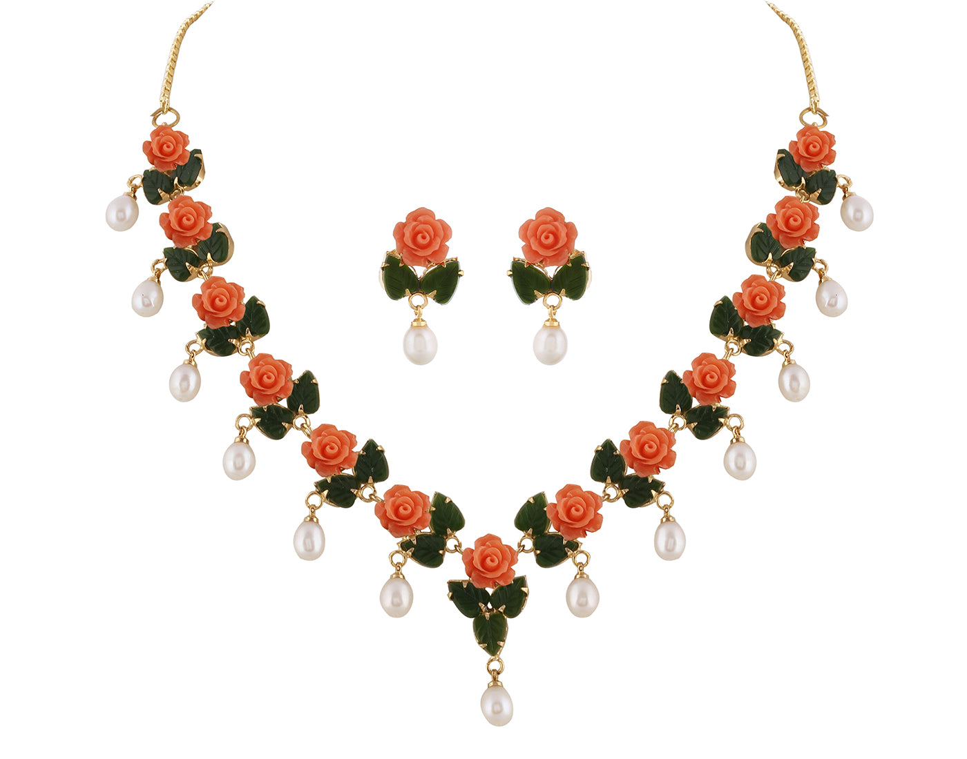 Ceramic Flower Necklace Set With Real Pearl Drops With Certificate(D.No ADPRLS862)