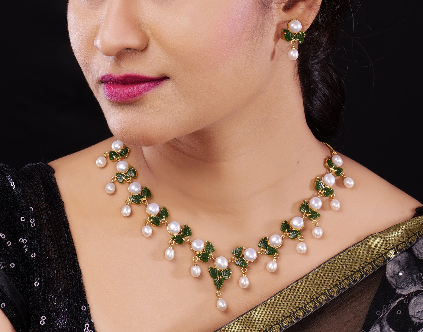 Ceramic Flower Necklace Set With Real Pearl Drops With Certificate(D.No ADPRLS863)