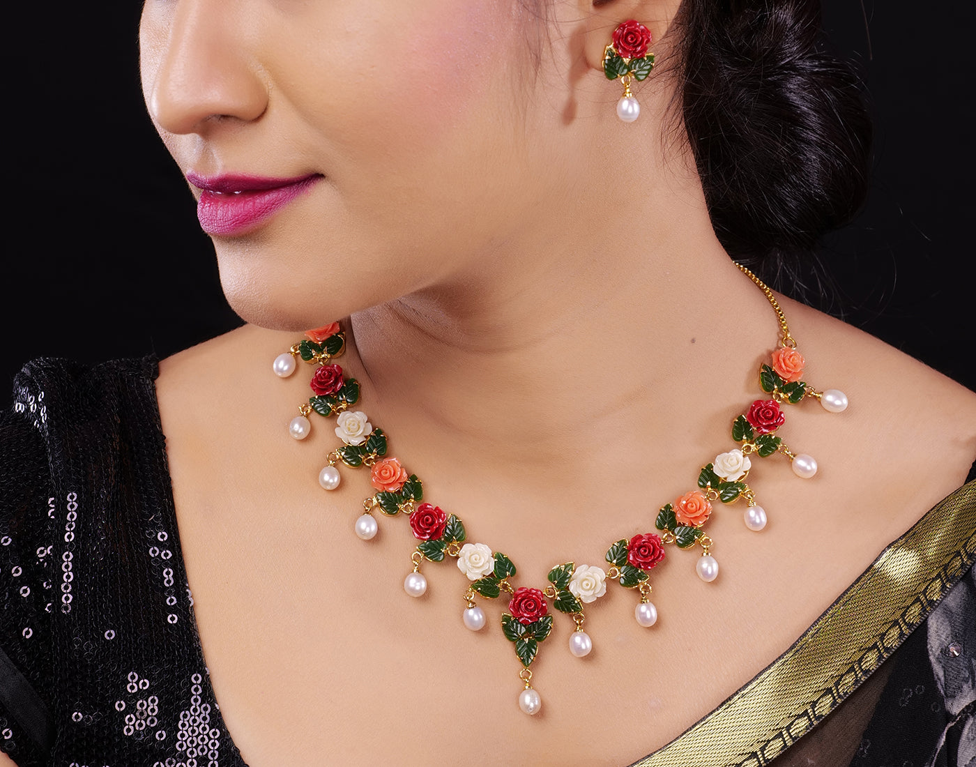 Ceramic Flower Necklace Set With Real Pearl Drops With Certificate(D.No ADPRLS864)