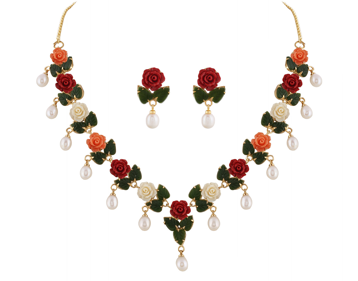 Ceramic Flower Necklace Set With Real Pearl Drops With Certificate(D.No ADPRLS864)