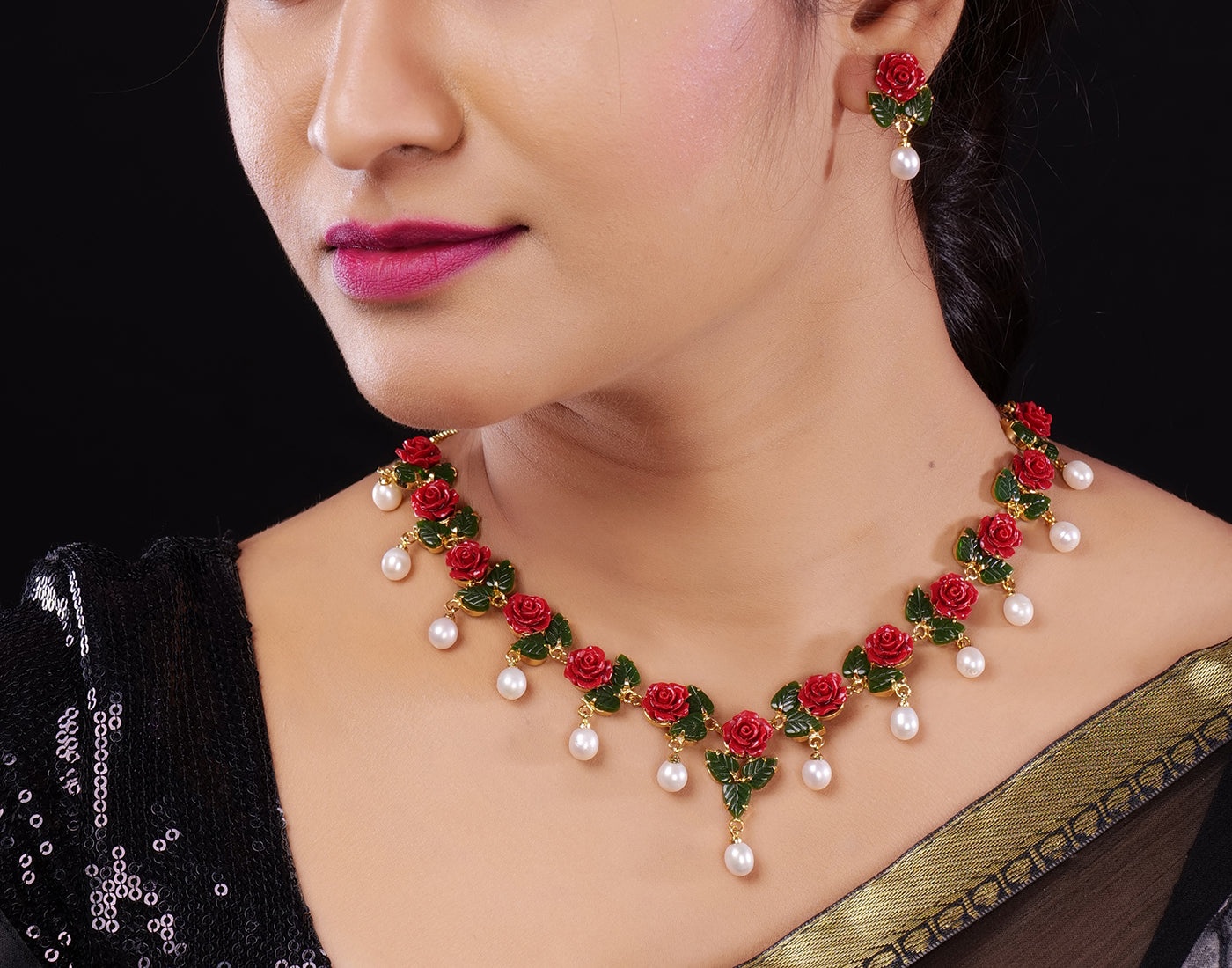 Ceramic Flower Necklace Set With Real Pearl Drops With Certificate(D.No ADPRLS865)