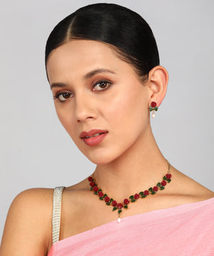 Ceramic Flower Necklace Set With Real Pearl Drops With Certificate(D.No ADPRLS866)