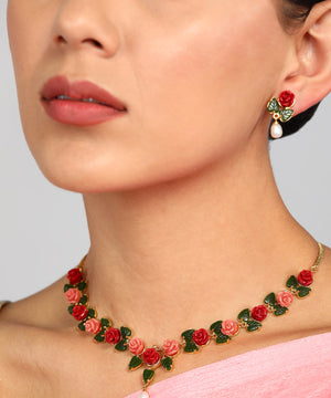 Ceramic Flower Necklace Set With Real Pearl Drops With Certificate(D.No ADPRLS867)