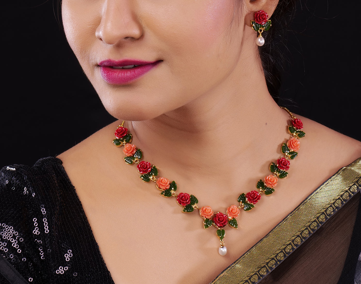 Ceramic Flower Necklace Set With Real Pearl Drops With Certificate(D.No ADPRLS867)