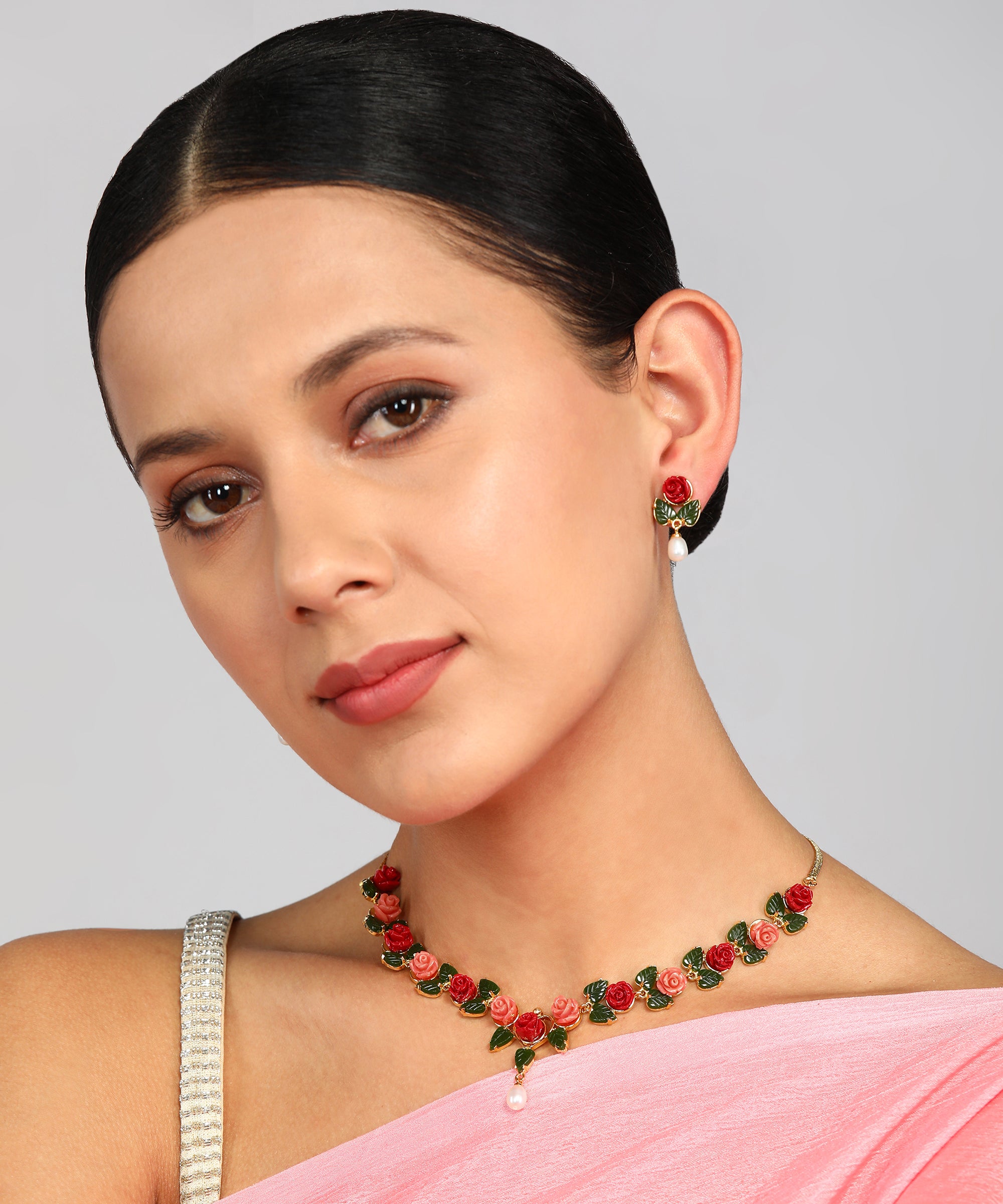 Ceramic Flower Necklace Set With Real Pearl Drops With Certificate(D.No ADPRLS867)