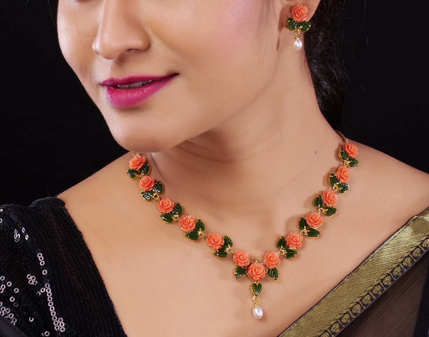 Ceramic Flower Necklace Set With Real Pearl Drops With Certificate(D.No ADPRLS868)