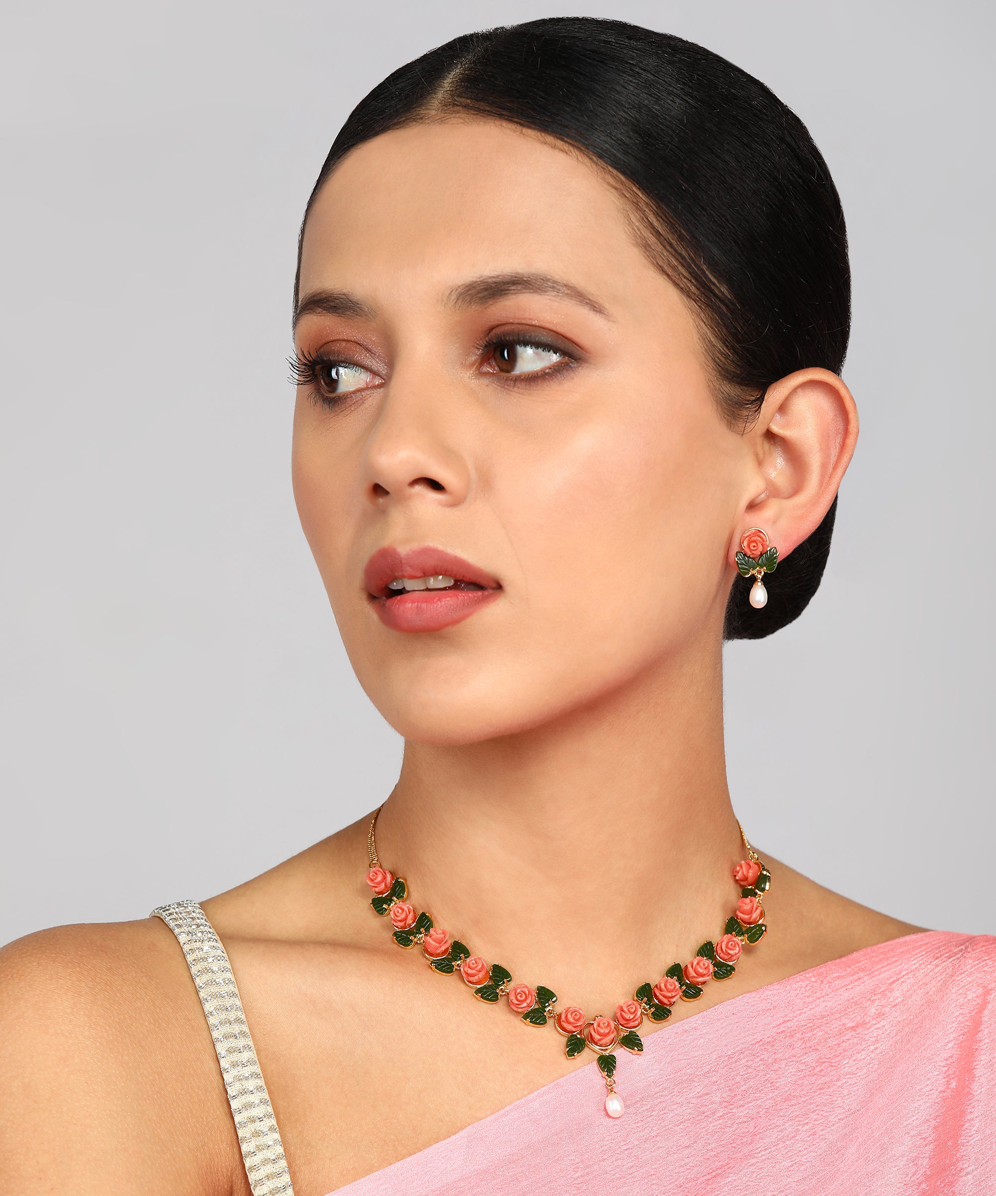 Ceramic Flower Necklace Set With Real Pearl Drops With Certificate(D.No ADPRLS868)