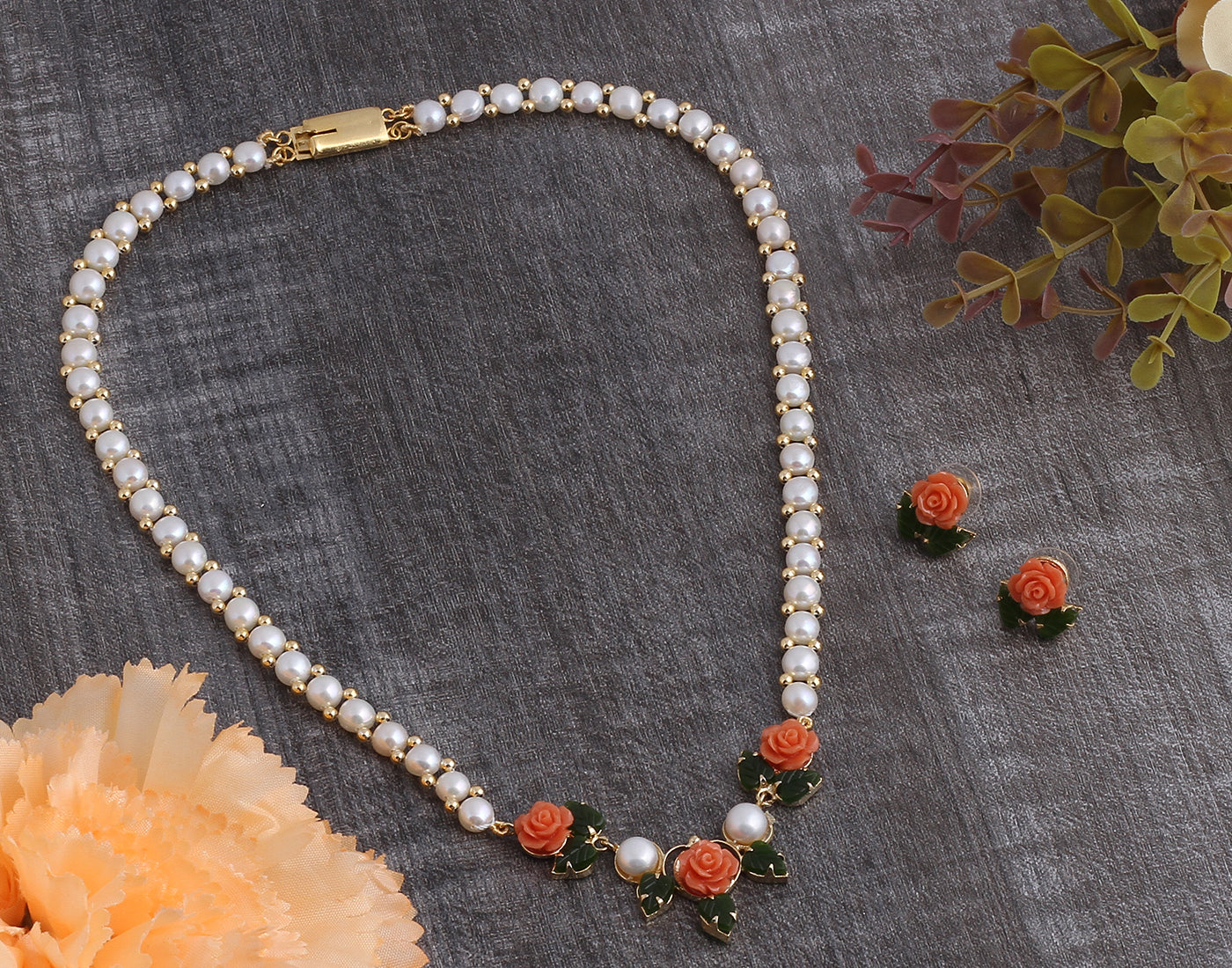 Ceramic Flower Necklace Set With Real Pearl  With Certificate(D.No ADPRLS912)