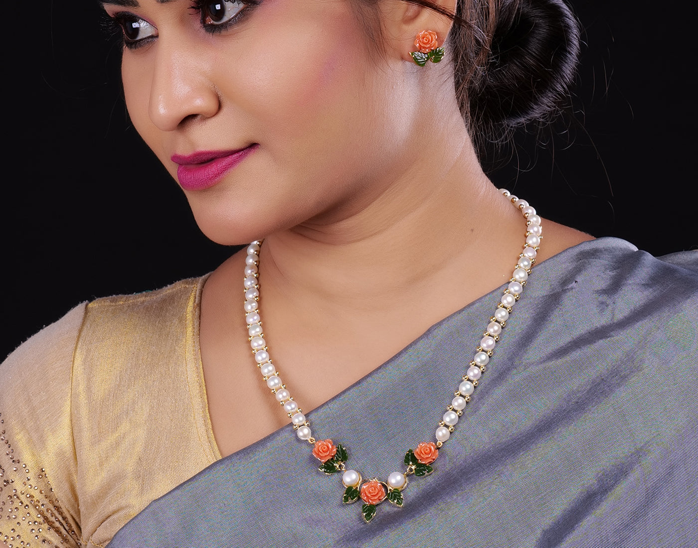 Ceramic Flower Necklace Set With Real Pearl  With Certificate(D.No ADPRLS912)