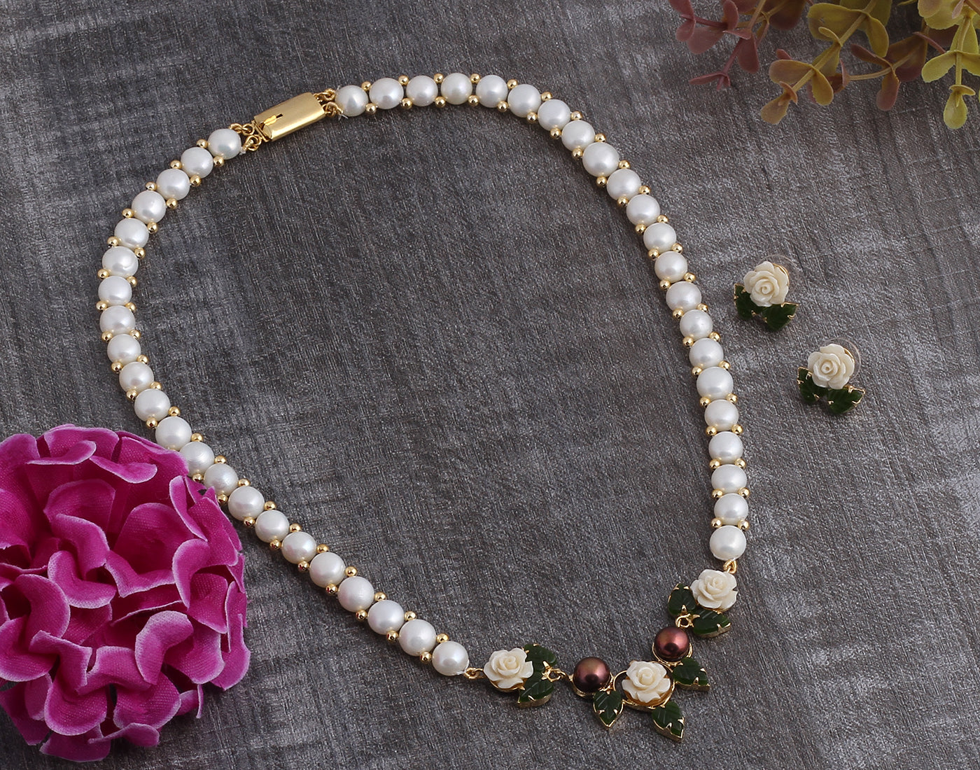 Ceramic Flower Necklace Set With Real Pearl  With Certificate(D.No ADPRLS913)