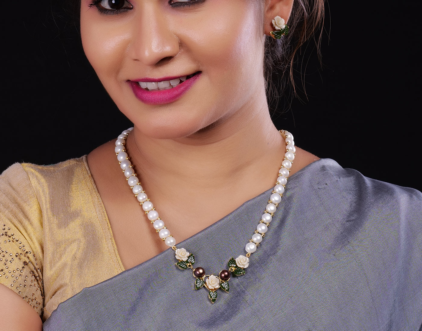 Ceramic Flower Necklace Set With Real Pearl  With Certificate(D.No ADPRLS913)