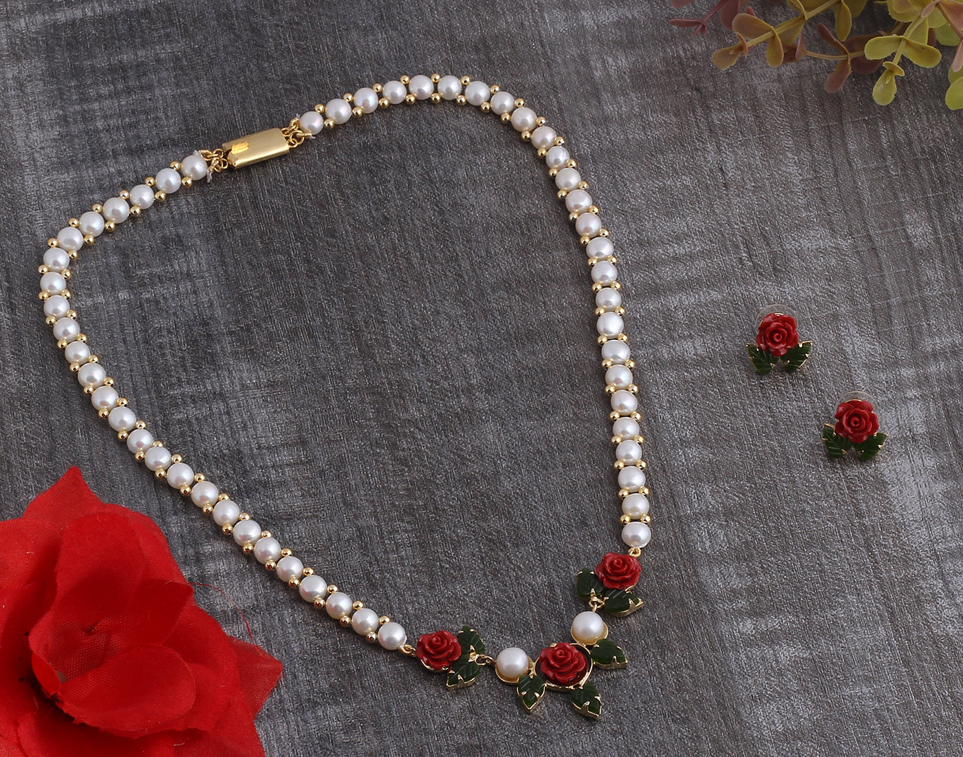 Ceramic Flower Necklace Set With Real Pearl  With Certificate(D.No ADPRLS914)