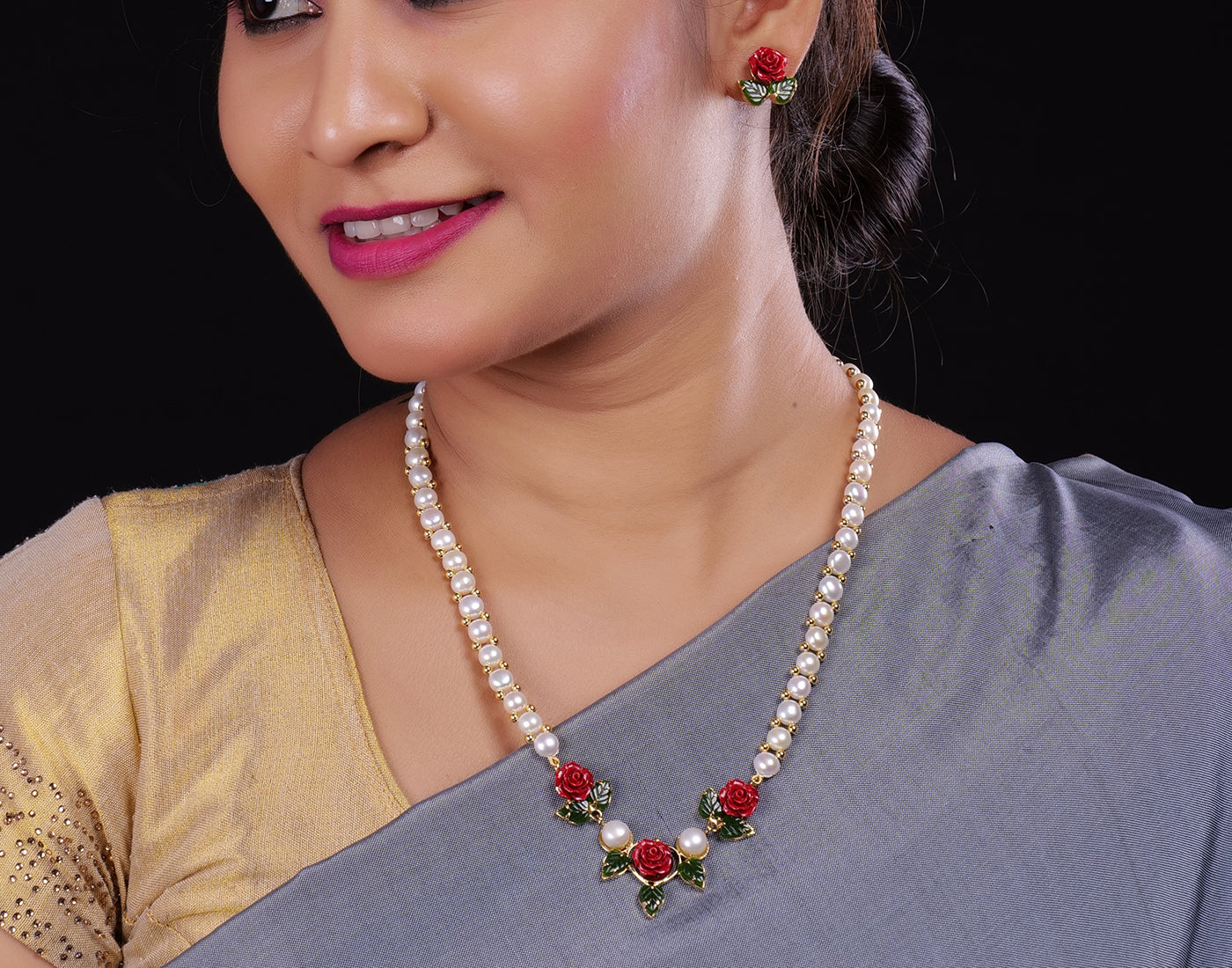 Ceramic Flower Necklace Set With Real Pearl  With Certificate(D.No ADPRLS914)