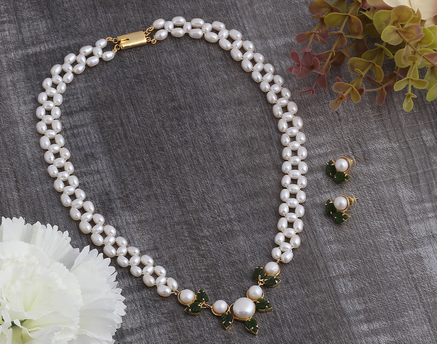 Ceramic Flower Necklace Set With Real Pearl  With Certificate(D.No ADPRLS915)