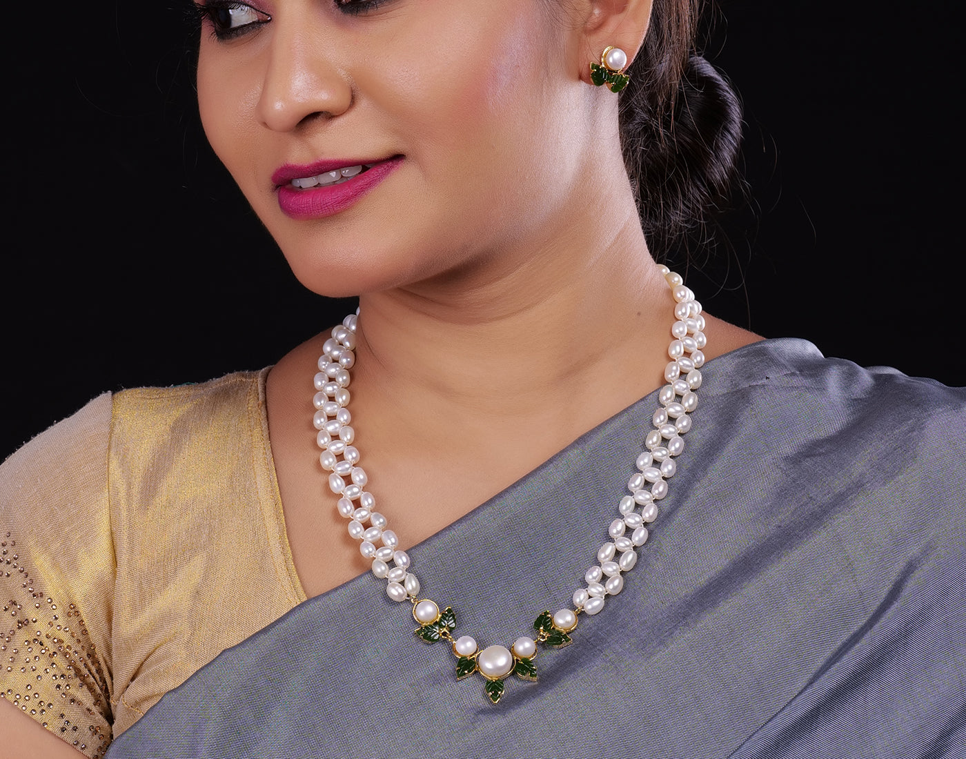 Ceramic Flower Necklace Set With Real Pearl  With Certificate(D.No ADPRLS915)