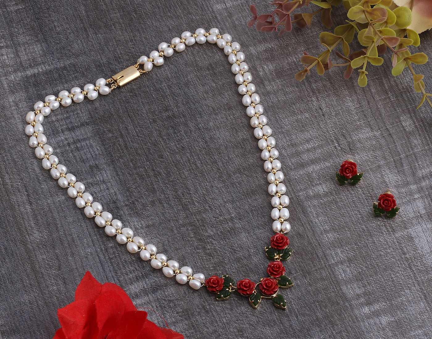 Ceramic Flower Necklace Set With Real Pearl  With Certificate(D.No ADPRLS916)