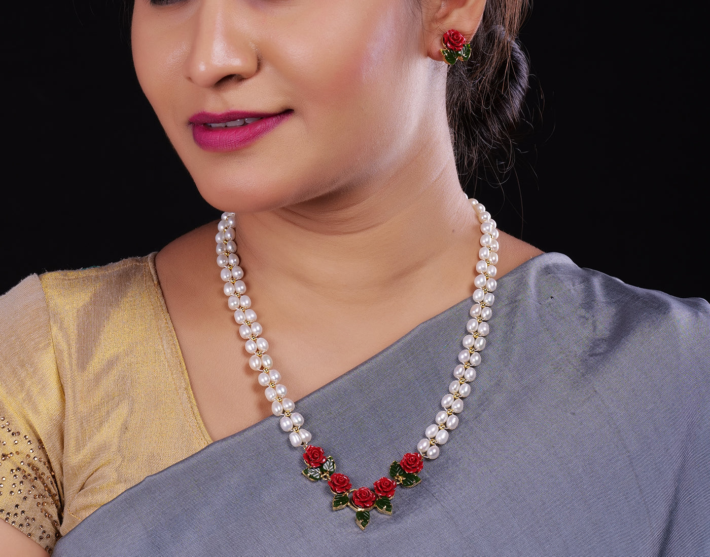 Ceramic Flower Necklace Set With Real Pearl  With Certificate(D.No ADPRLS916)