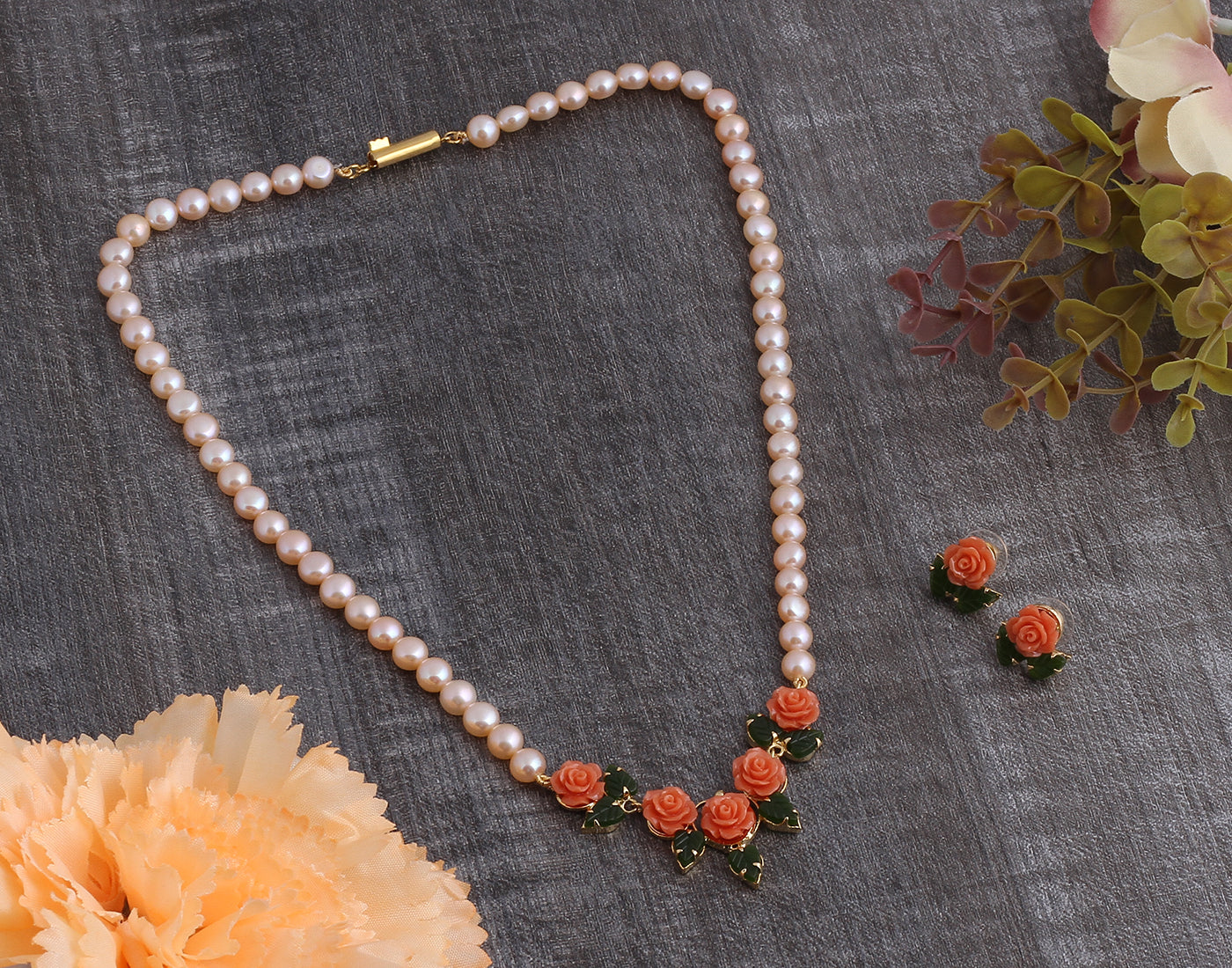 Ceramic Flower Necklace Set With Real Pearl  With Certificate(D.No ADPRLS917)
