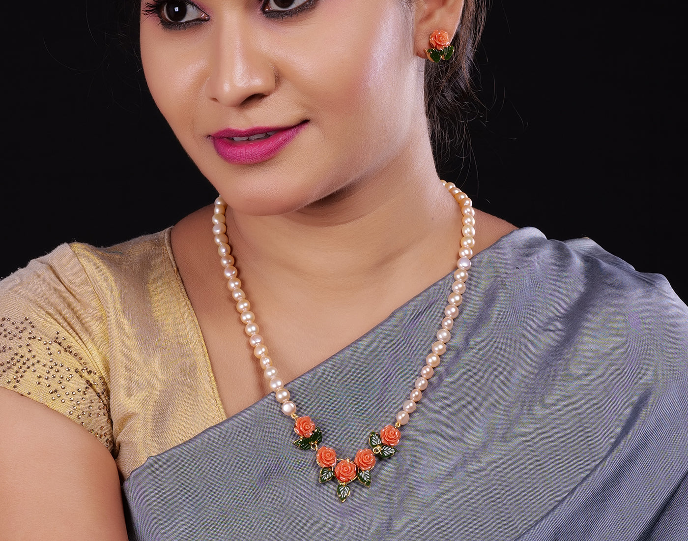 Ceramic Flower Necklace Set With Real Pearl  With Certificate(D.No ADPRLS917)