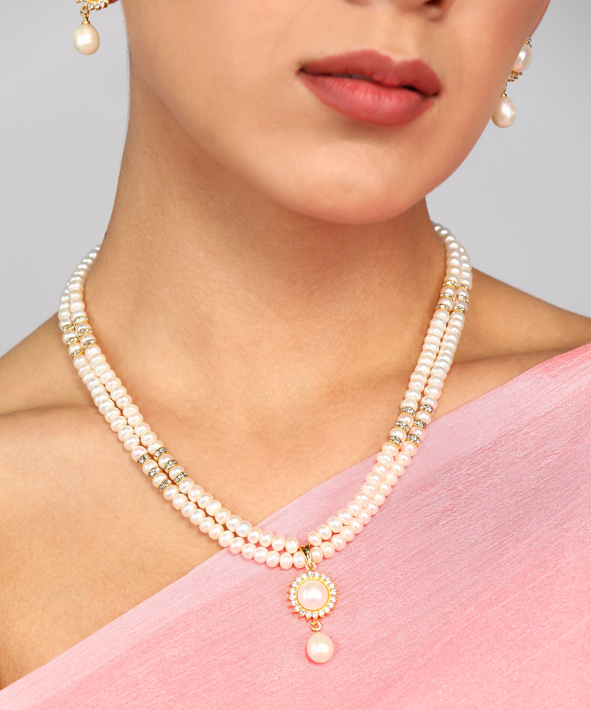 Natural Fresh Water Real Double String Pearl Set With Certificate(D.No ADPRLS977)