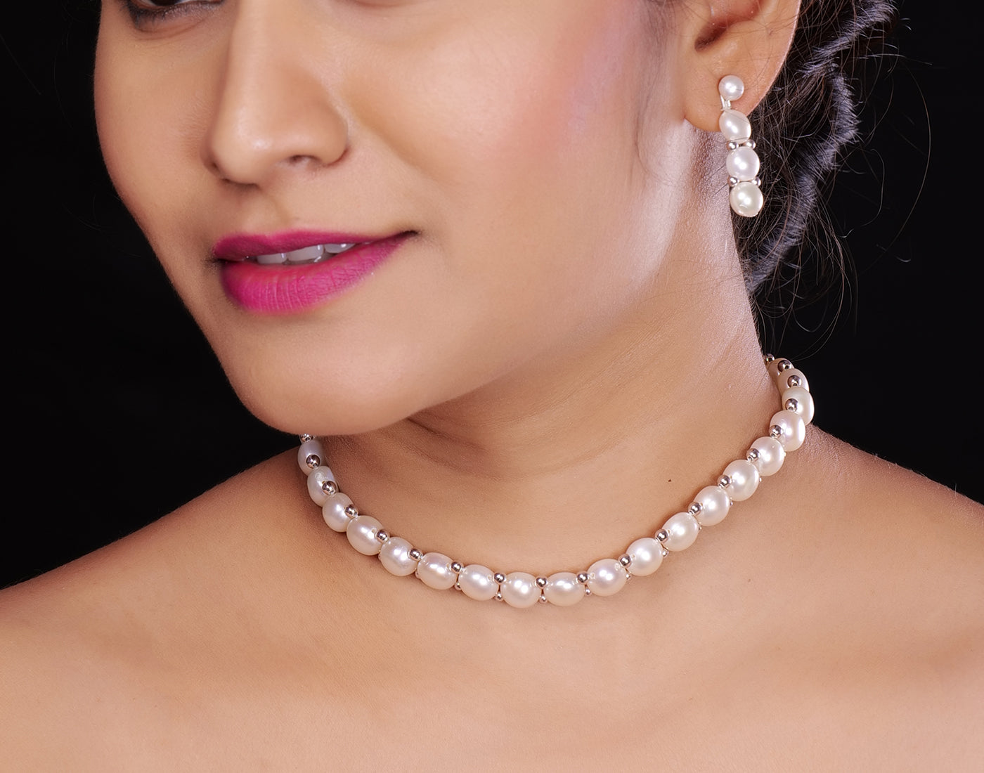 Real Natural Fresh Water Button Pearls Choker Set With Certificate(D.No CKR259)