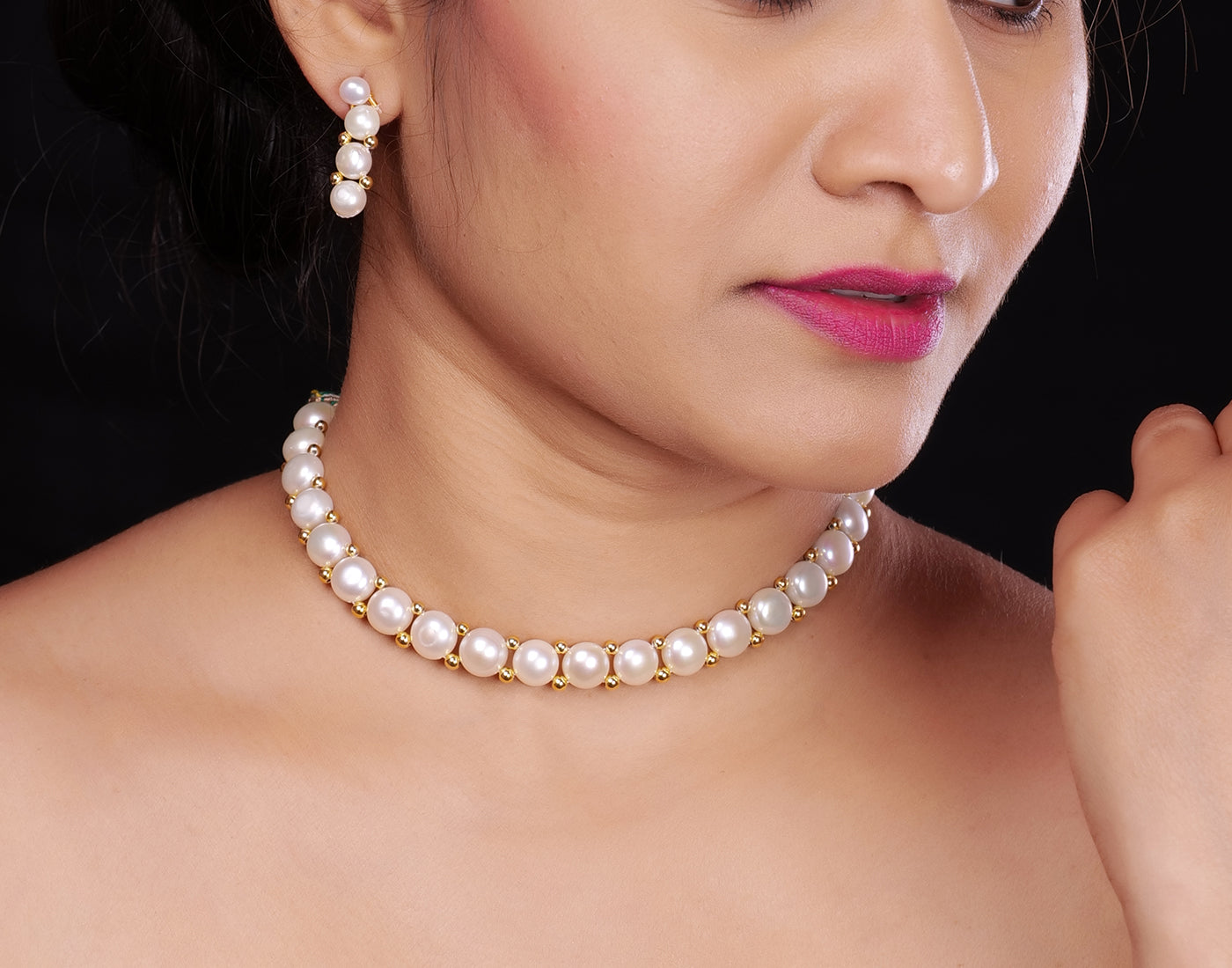 Real Natural Fresh Water Button Pearls Choker Set With Certificate(D.No CKR262)