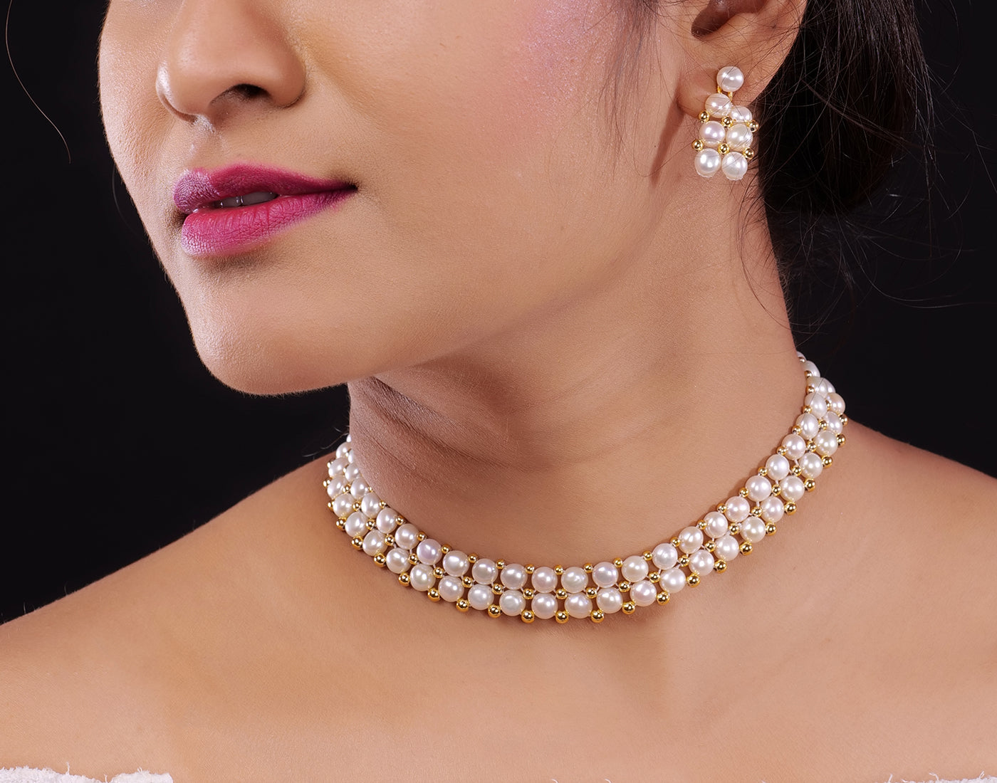 Real Natural Fresh Water Button Pearls Choker Set With Certificate(D.No CKR263)