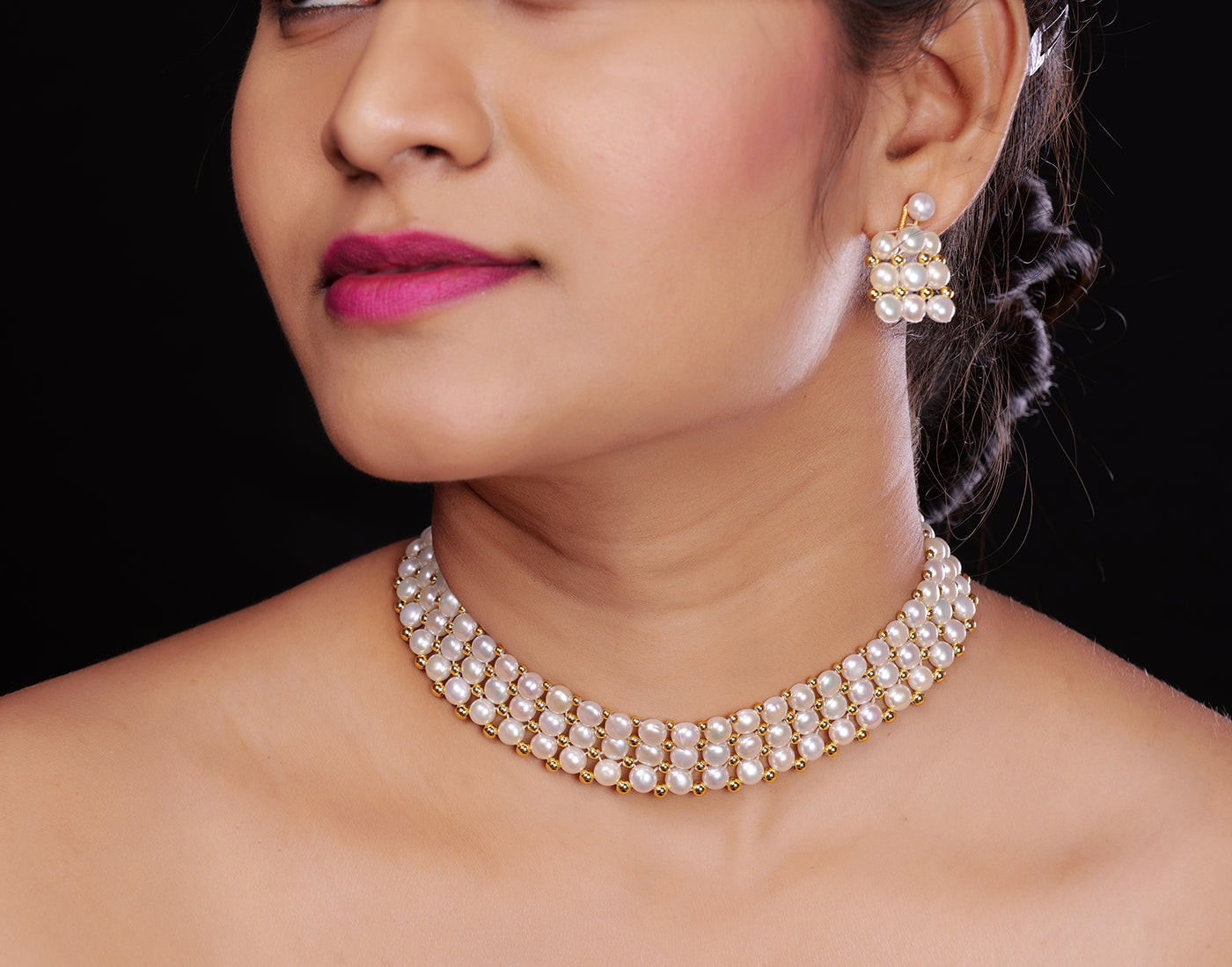 Real Natural Fresh Water Button Pearls Choker Set With Certificate(D.No CKR264)