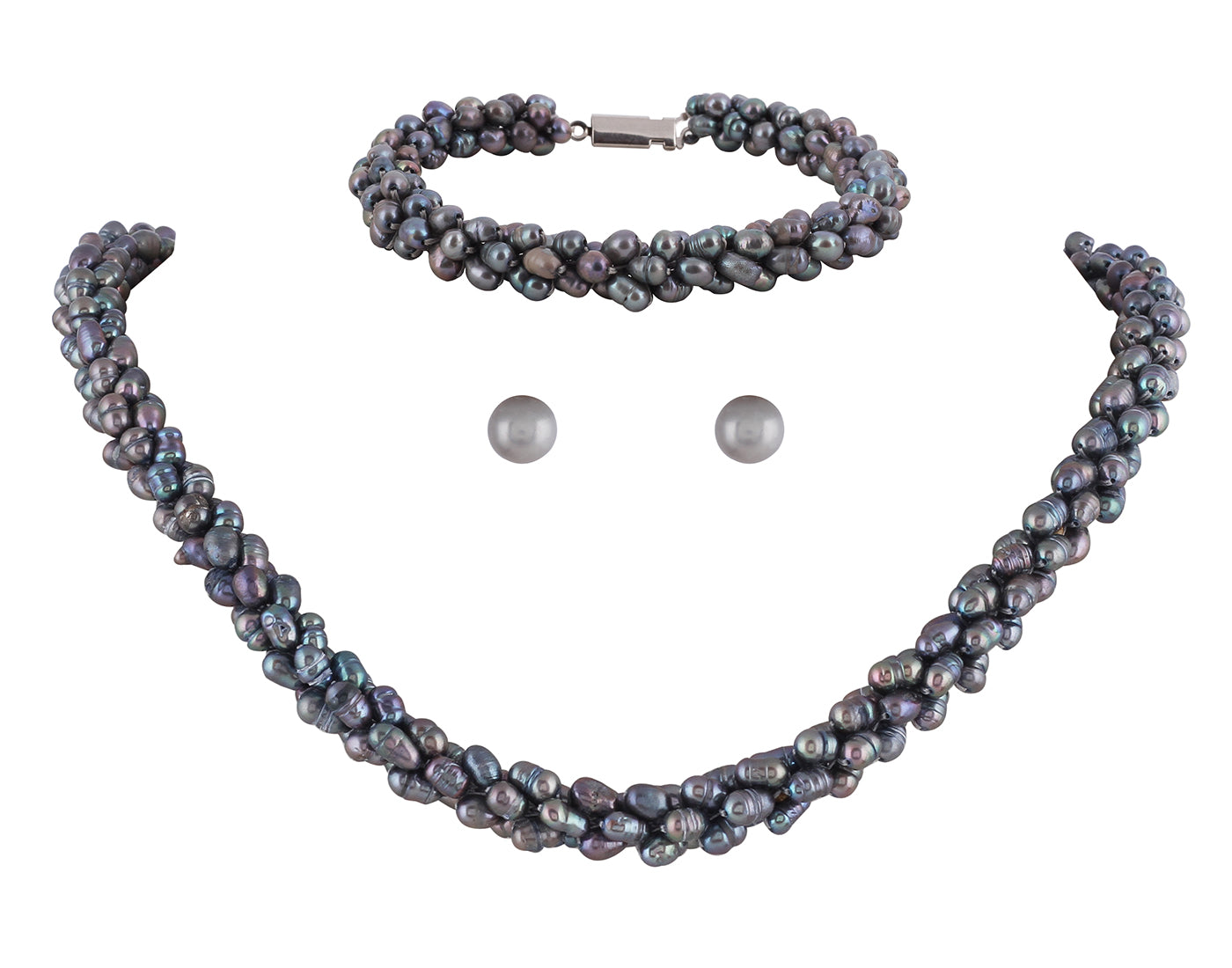 Real Natural Fresh Water Grey Pearls Mala n Bracelet With Certificate(D.No COMBO102)