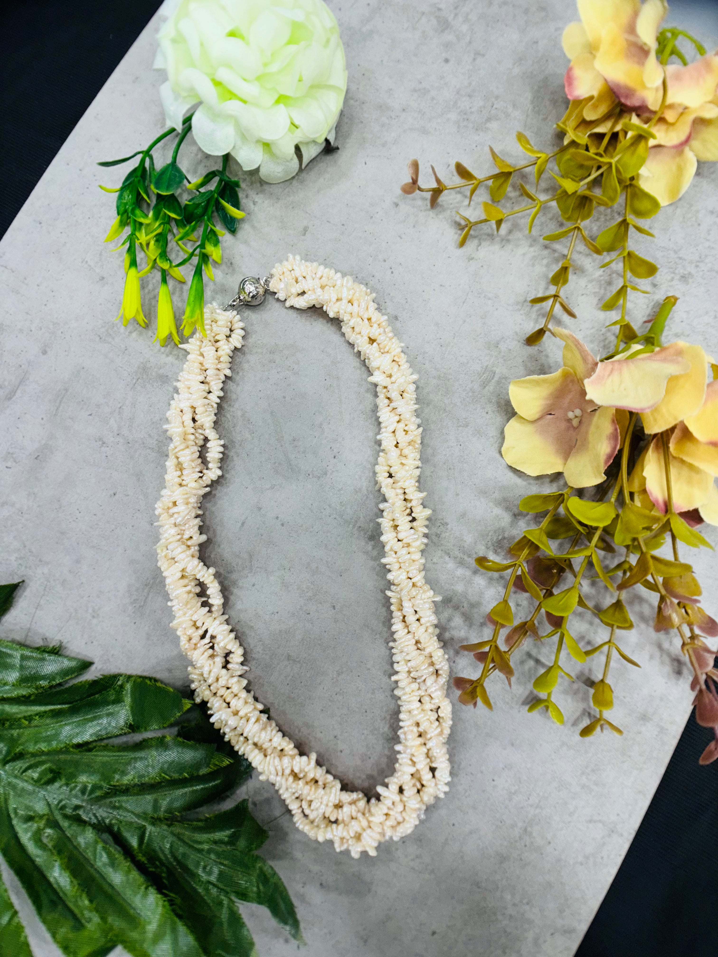 Real Natural Fresh Water 5 Lines Twisted Plain Pearl Mala Set With Certificate(D.No NPS309)