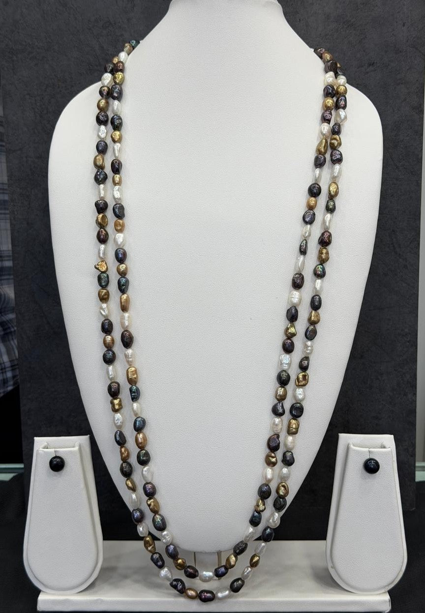 Long Length 70 Inches Authentic Real Natural Fresh Water Multi Colour Pearls Mala Set With Certificate(D.No NPS153)