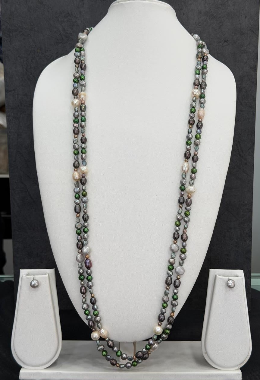 Long Length 72 Inches Authentic Real Natural Fresh Water Multi Colour Pearls Mala Set With Certificate(D.No NPS154)