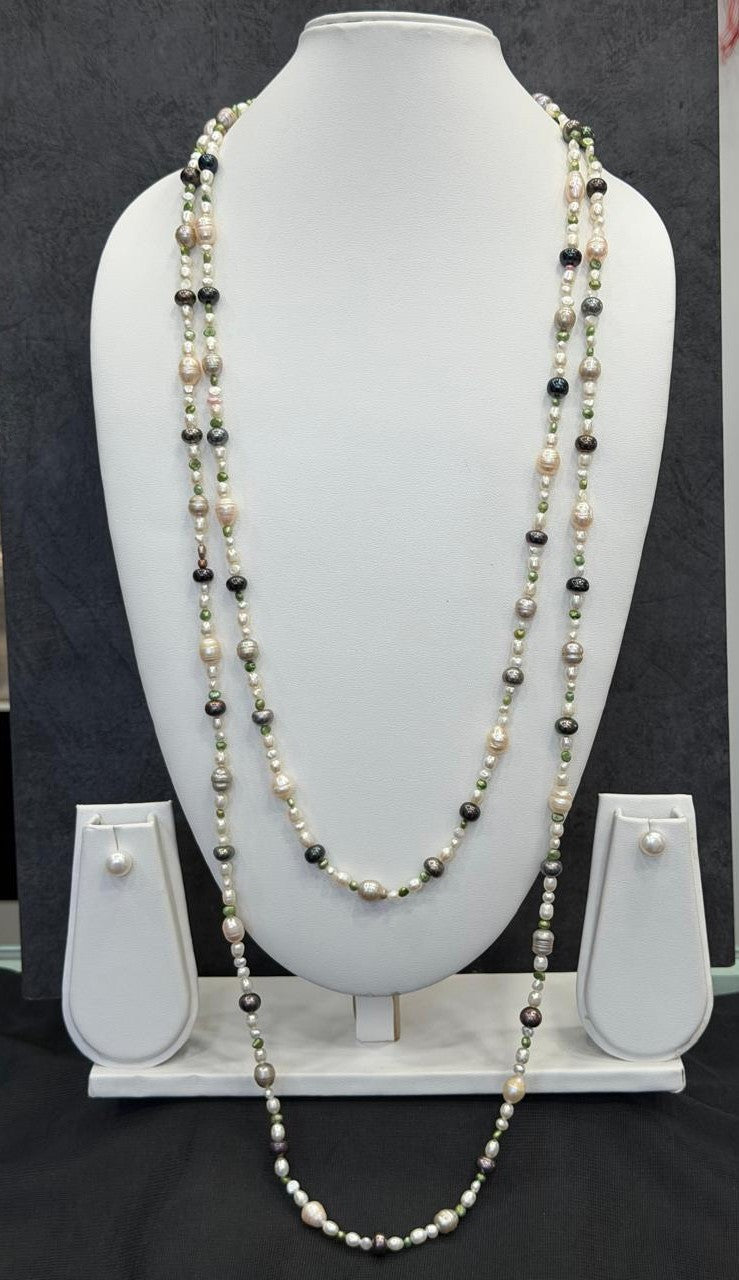 Long Length 70 Inches Authentic Real Natural Fresh Water Multi Colour Pearls Mala Set With Certificate(D.No NPS155)