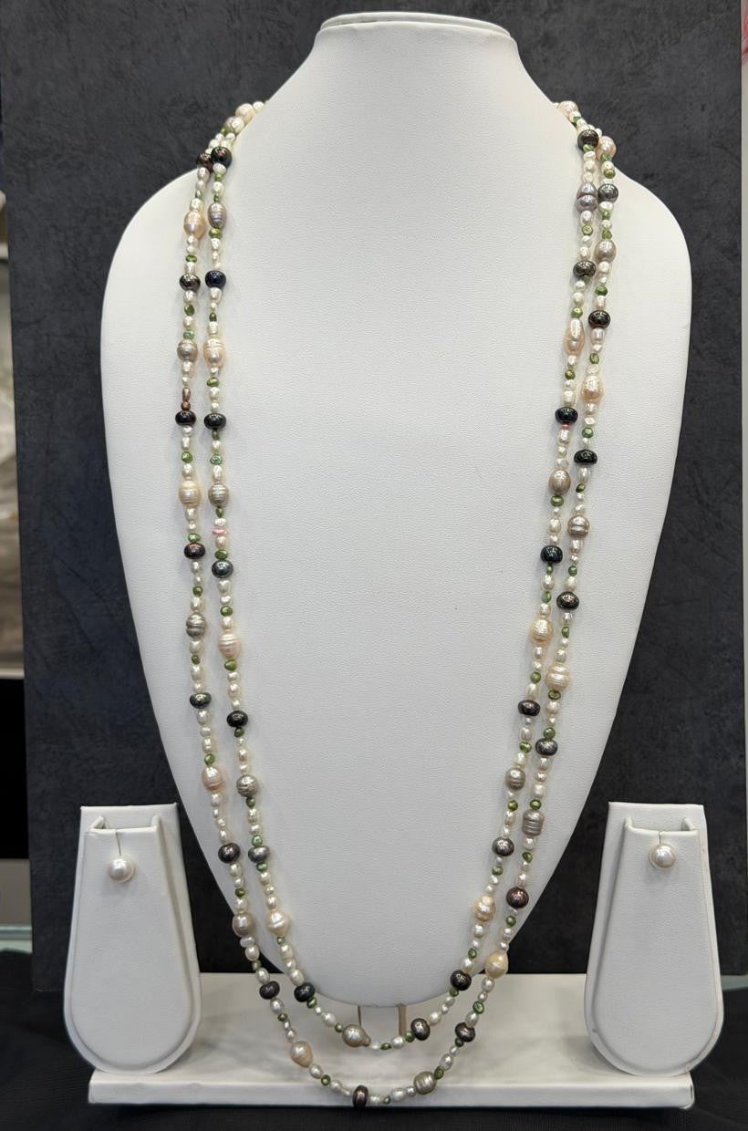 Long Length 70 Inches Authentic Real Natural Fresh Water Multi Colour Pearls Mala Set With Certificate(D.No NPS155)