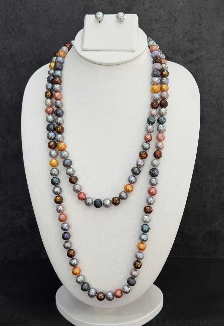 Long Length 46 Inches Authentic Real Natural Fresh Water Multi Colour Pearls Mala Set With Certificate(D.No NPS157)