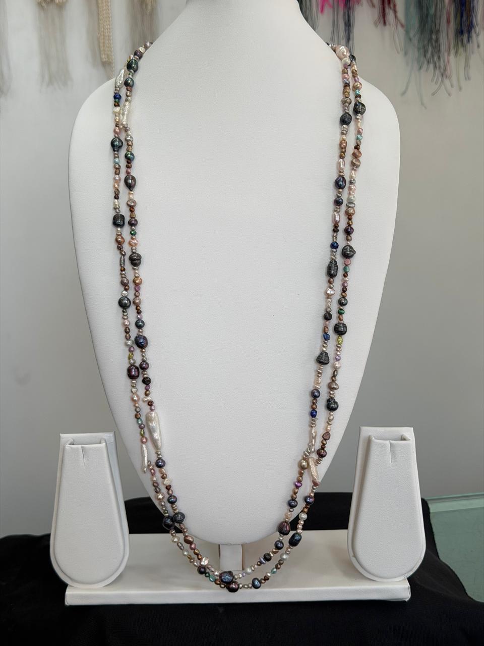 Long Length 70 Inches Authentic Real Natural Fresh Water Multi Colour knotted Pearls Mala Set With Certificate(D.No NPS160)