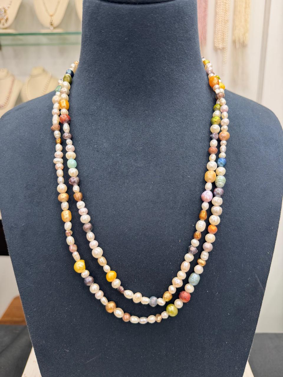 Long Length 46 Inches Authentic Real Natural Fresh Water Multi Colour knotted Pearls Mala Set With Certificate(D.No NPS161)