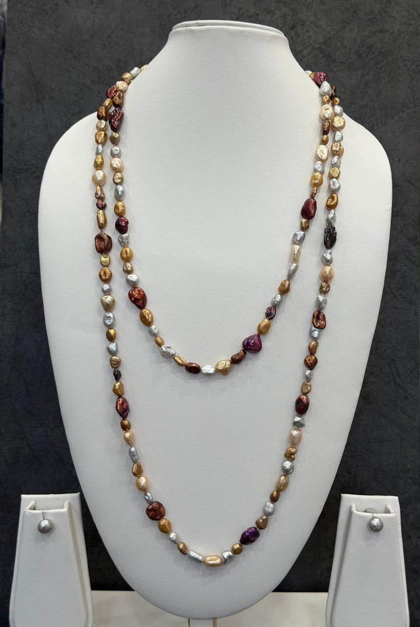 Long Length 52 Inches Authentic Real Natural Fresh Water Multi Colour Pearls Mala Set With Certificate(D.No NPS161)
