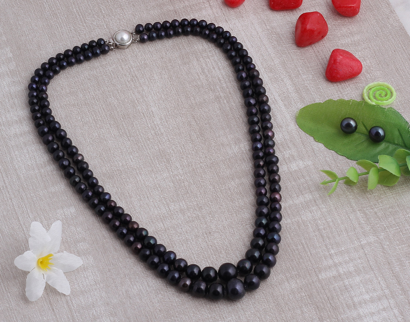 Real Natural Fresh Water Double Line Plain Black Pearl 4 To 9 MM Graduation Mala Set With Certificate(D.No NPS216)