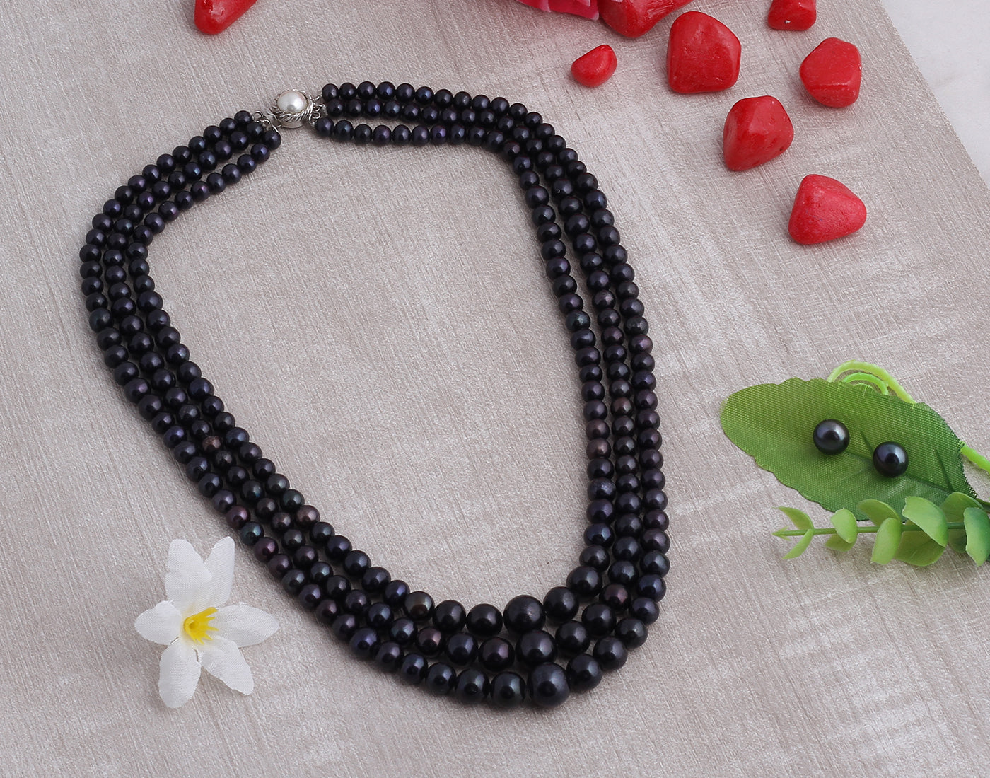 Real Natural Fresh Water Triple Line Plain Black Pearl 4 To 9 MM Graduation Mala Set With Certificate(D.No NPS217)