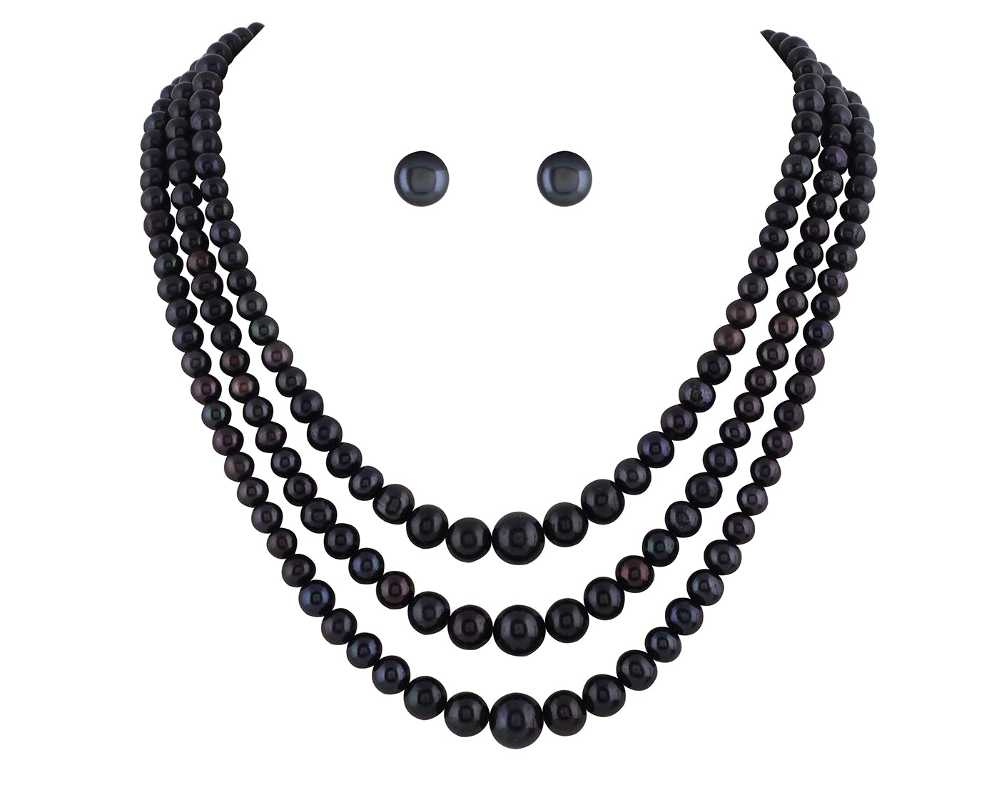 Real Natural Fresh Water Triple Line Plain Black Pearl 4 To 9 MM Graduation Mala Set With Certificate(D.No NPS217)