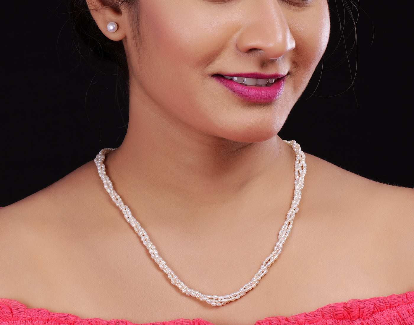 Real Natural Fresh Water 3 Lines Twisted Plain 2 MM Rice Pearl Mala Set With Certificate(D.No NPS218)