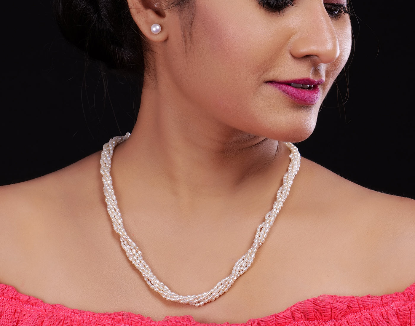 Real Natural Fresh Water 5 Lines Twisted Plain 2 MM Rice Pearl Mala Set With Certificate(D.No NPS219)