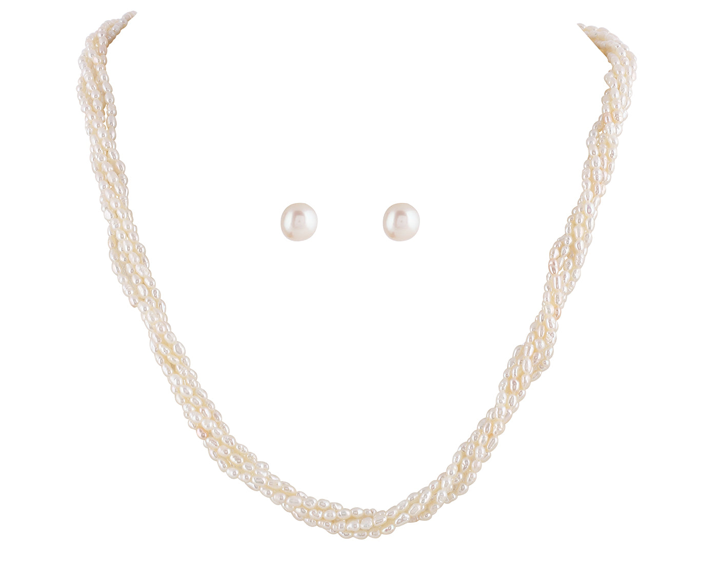 Real Natural Fresh Water 5 Lines Twisted Plain 2 MM Rice Pearl Mala Set With Certificate(D.No NPS219)