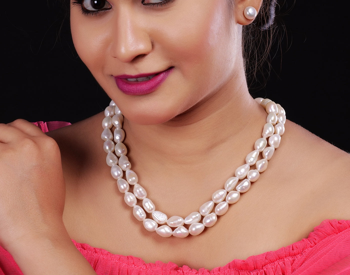 Real Natural Fresh Water Double Line Plain Barook Pearls Mala Set 8 MM With Certificate(D.No NPS227)